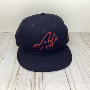New Era Atlanta Braves 59Fifty Mesh Back Fitted Hat Size 7 3/8 Navy Red Logo